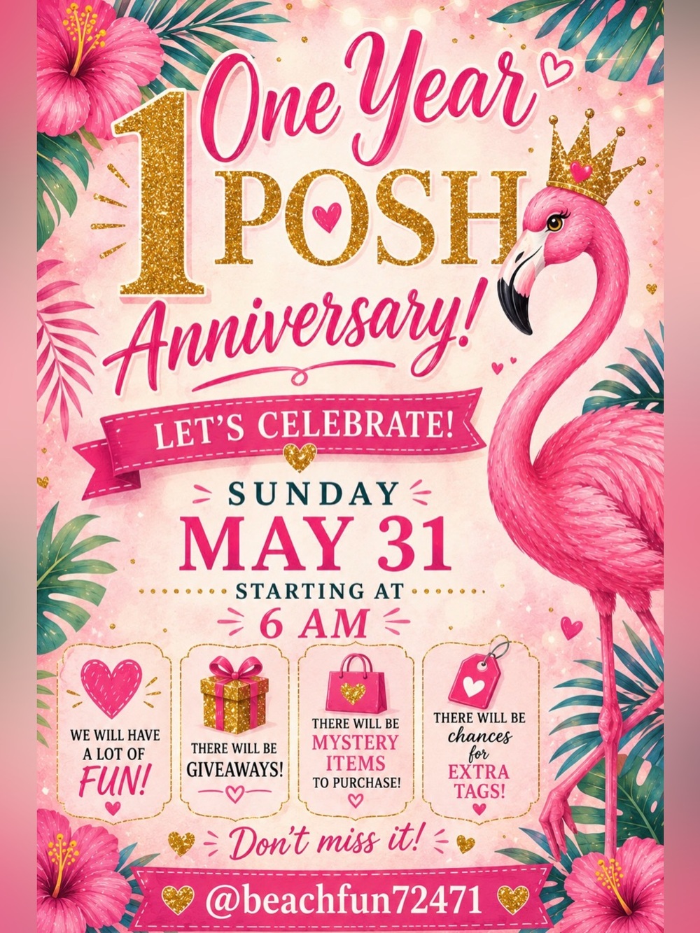 Source Unknown Pink and Gold Flamingo One Year Anniversary Banner
